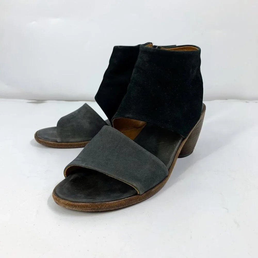 P. Monjo Women Suede Leather‎ Side Zip Open Toe Heeled Sandals Size 8.5